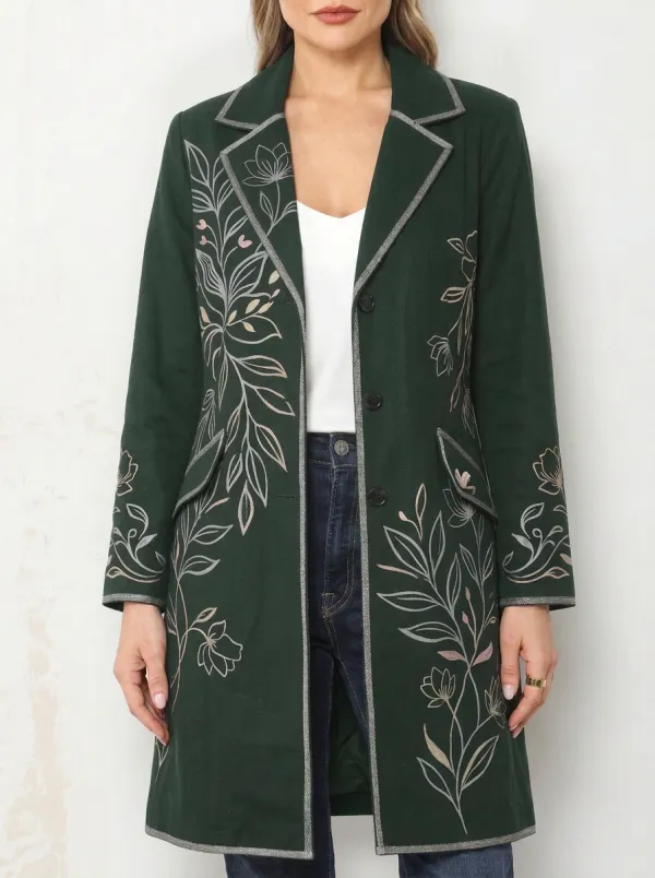 Women's Botanical Floral Art Printed Long Blazer Coat