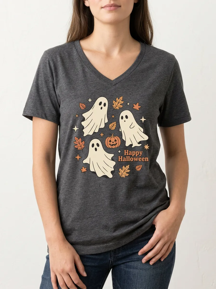 Women's Halloween Ghost Pumpkin Leaves Printed V-neck T-shirt