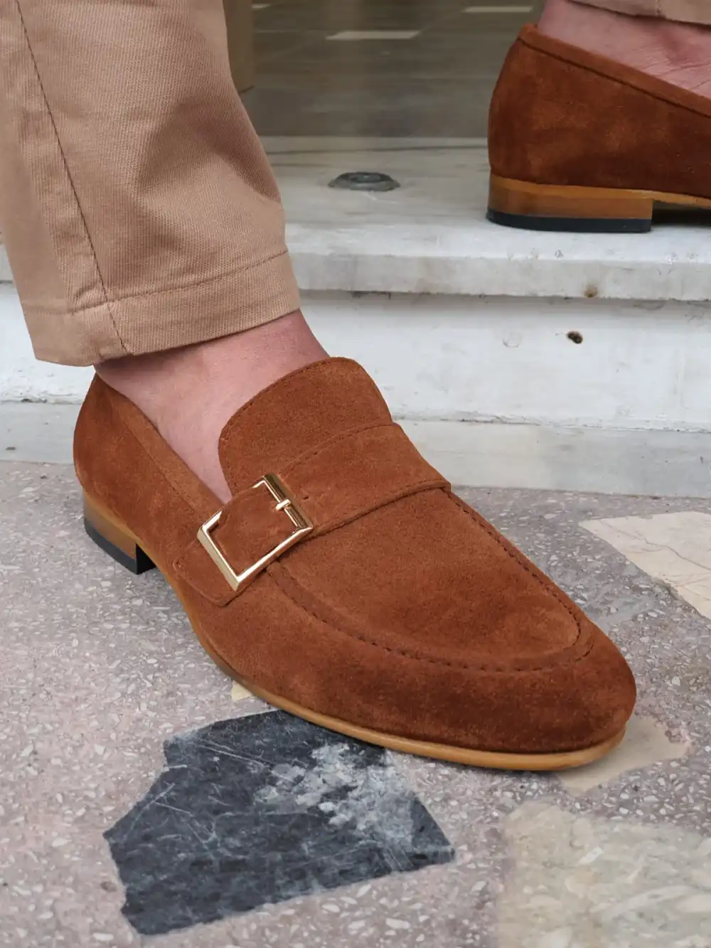 Leather Suede Buckle Loafers