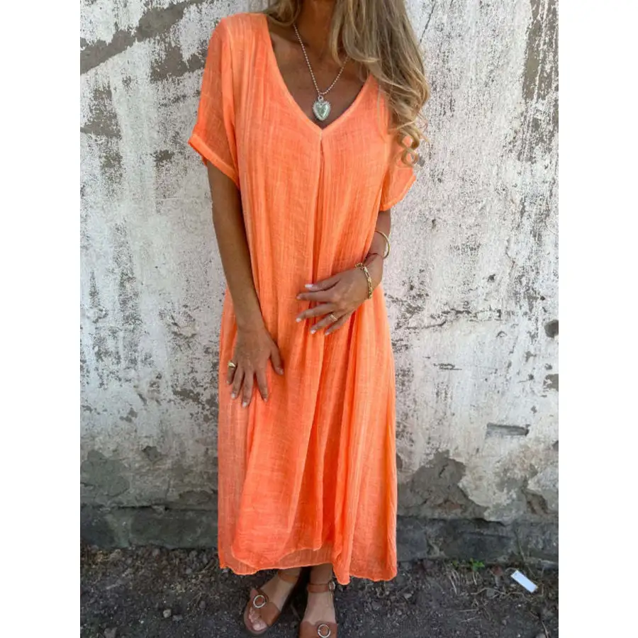 Full Size V-Neck Short Sleeve Midi Dress Plus Size