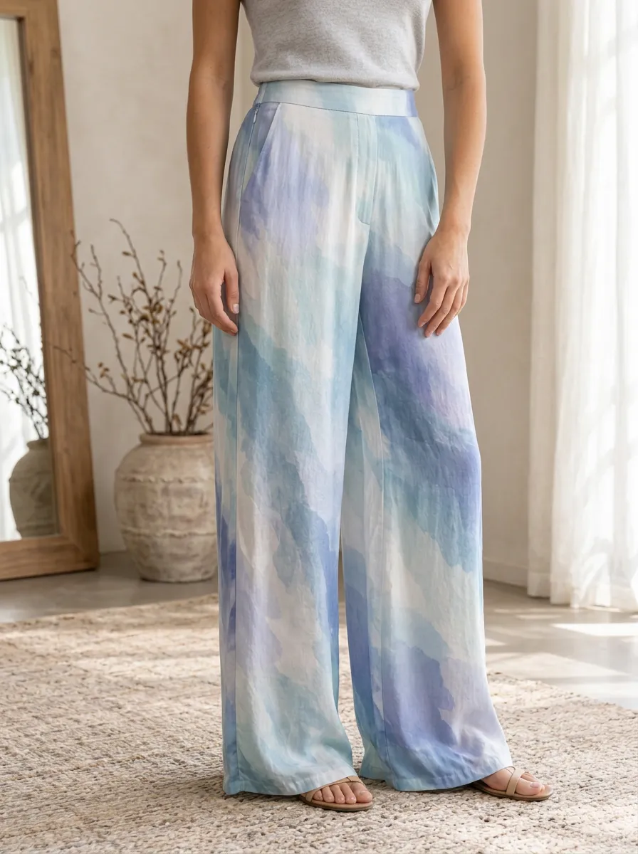 Women's Relaxed Blue Watercolor Abstract Printed Wide Leg Pants