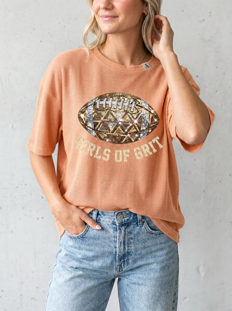 Women's Stadium Inspired Football Ball Sequin Crew Neck Graphic T-Shirt
