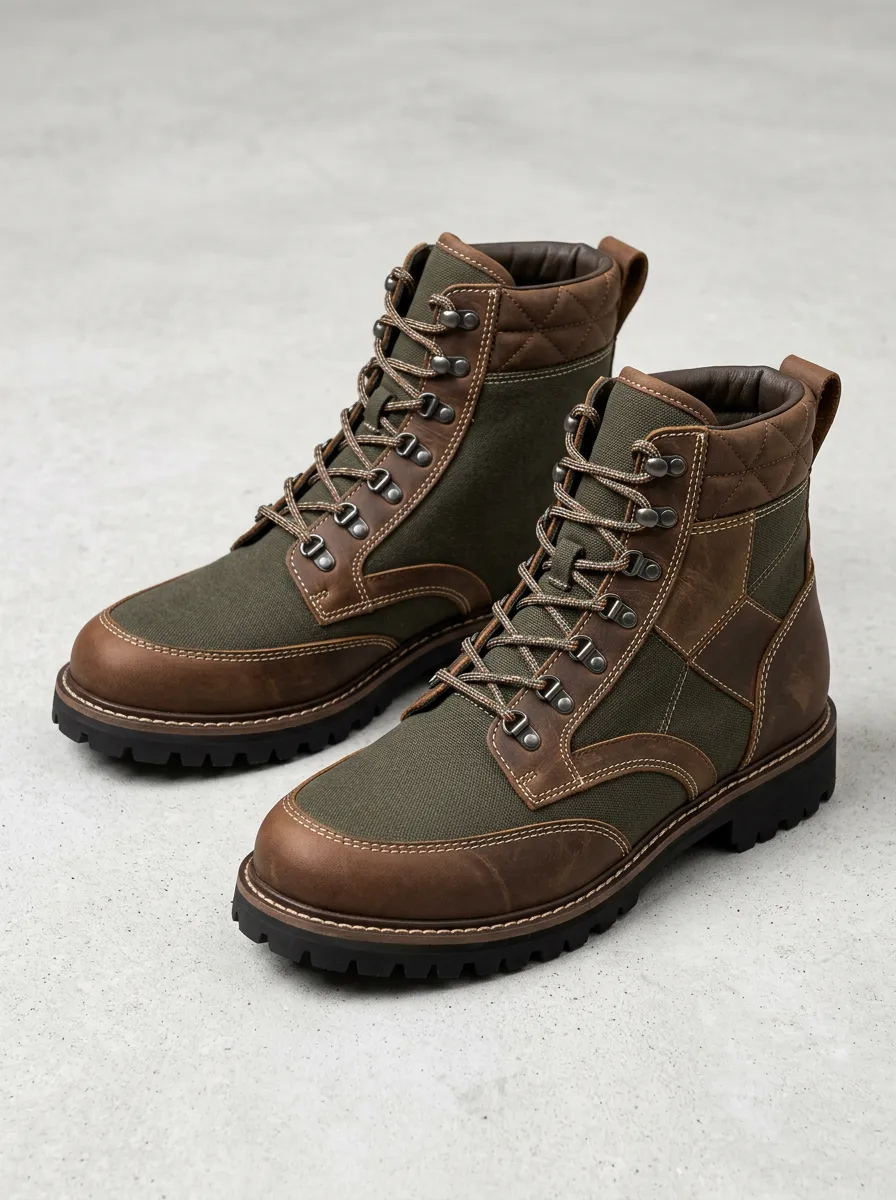 Unisex Outdoor Hiking Leather Canvas Print Work Boots