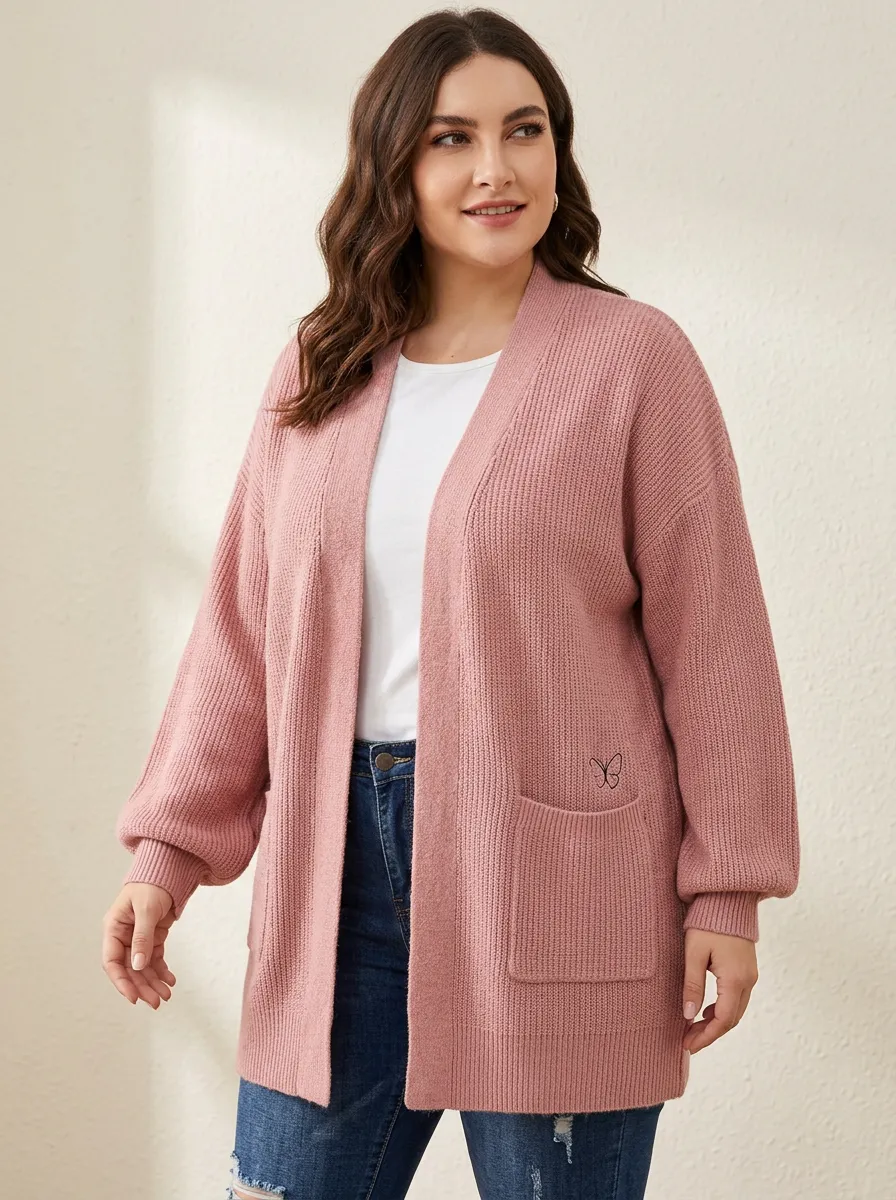 Women's Pink Butterfly Embroidered Open Front Knit Cardigan