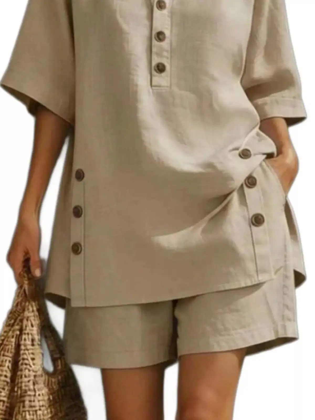 Pocketed Linen Shirt and Shorts Matching Set
