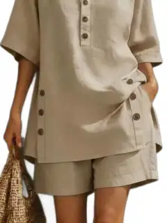 Pocketed Linen Shirt and Shorts Matching Set