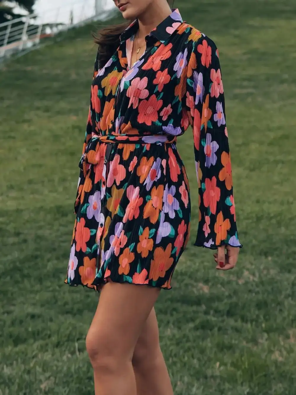 Long-Sleeve Cotton Printed Mini Dress