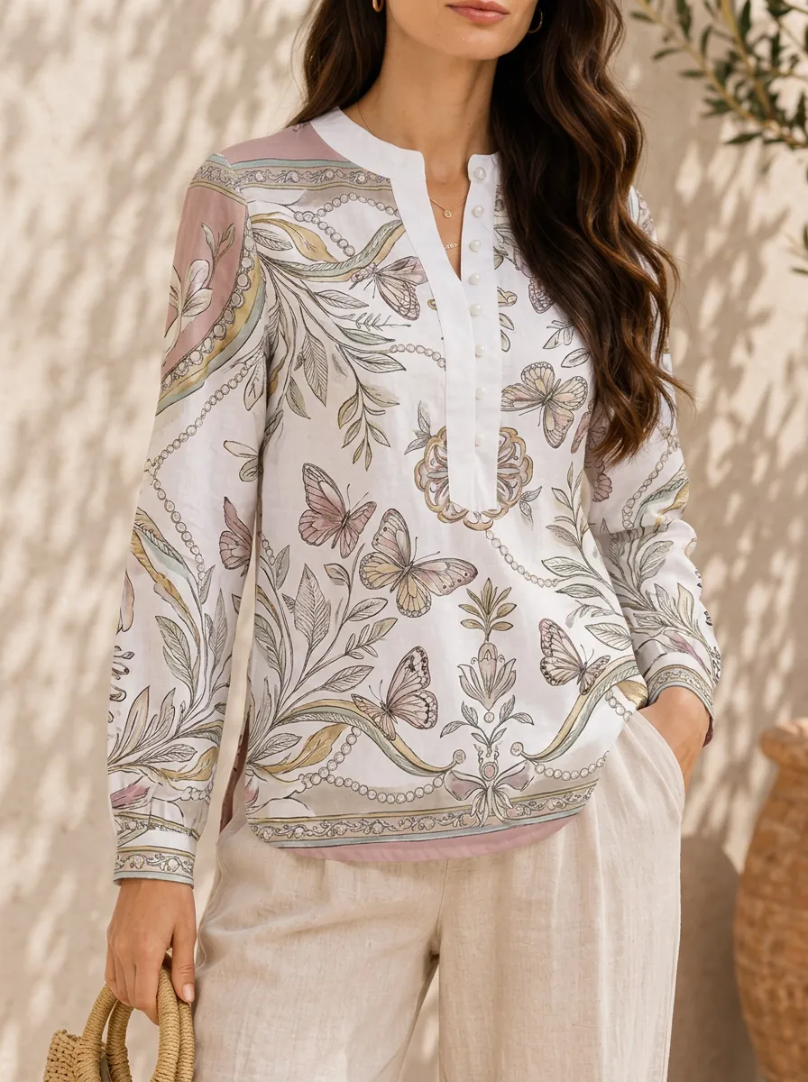 Women's Nature Lover Butterfly Floral Pattern Printed Blouse
