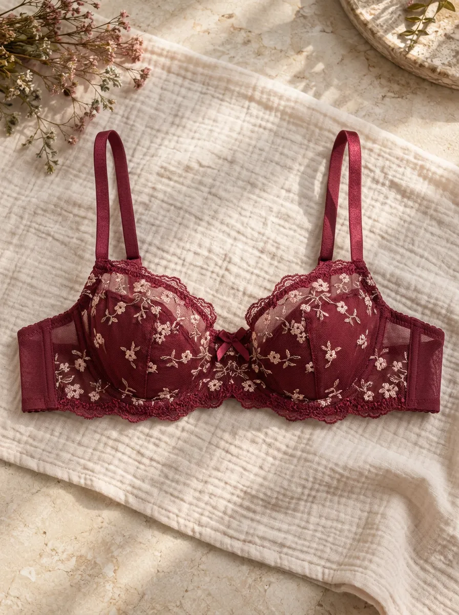 Women's Burgundy Floral Embroidered Lace Underwire Bra