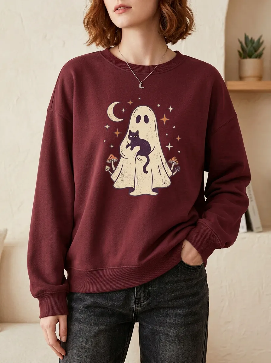 Women's Halloween Ghost Cat Mushroom Printed Sweatshirt