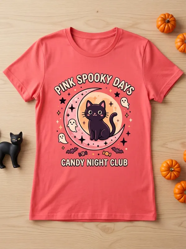 Cute-Spooky Ghost -Cat Halloween Graphic T-Shirt