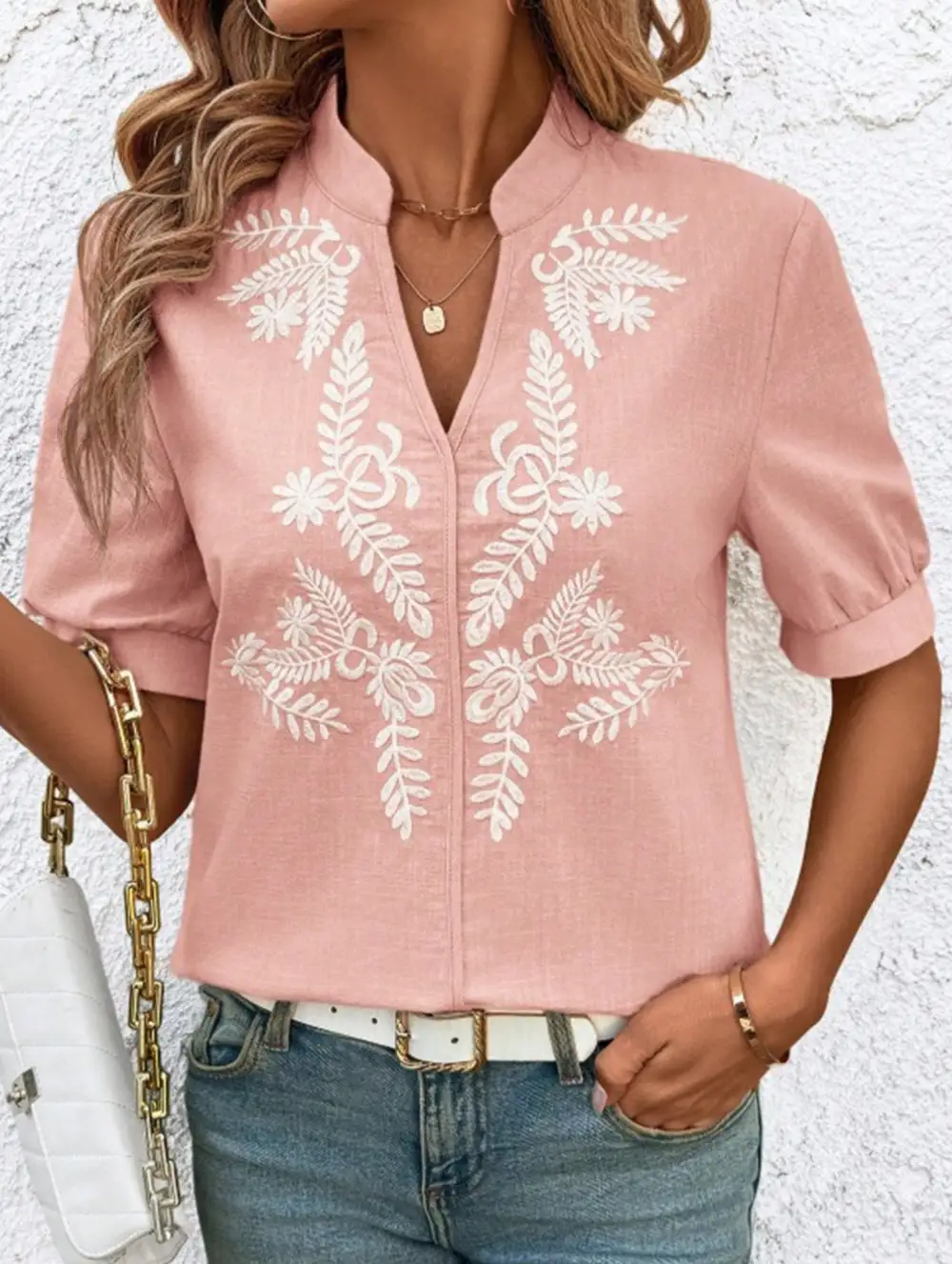 V Neck Embroidered Cotton Short Sleeve Blouse