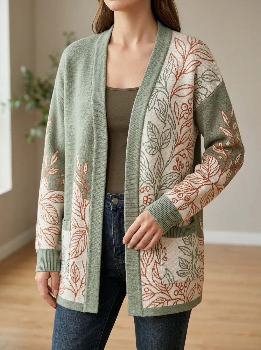 Women's Botanical Nature Lover Leaf Printed Patch Pocket Classic Layering Cardigan