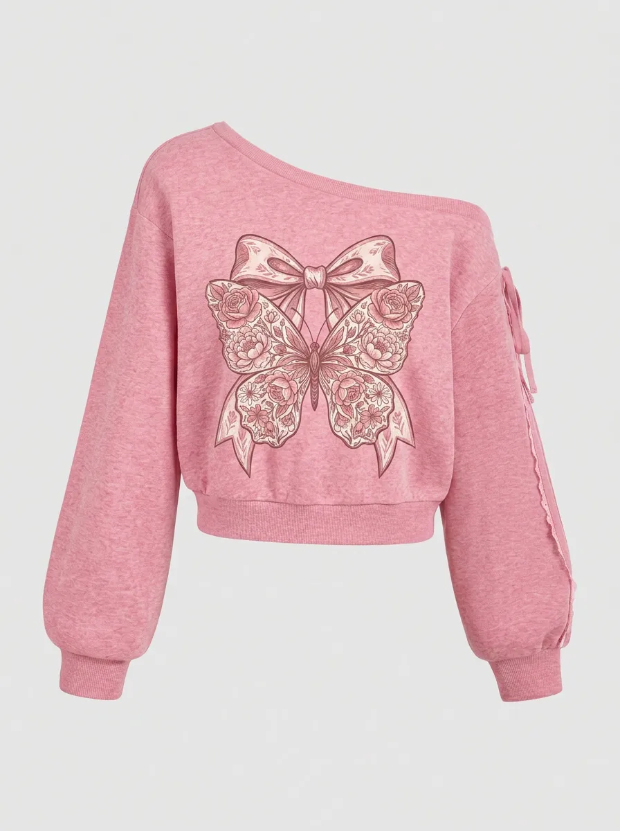 Women's Breast Cancer Awareness Floral Butterfly Bow Printed Off-Shoulder Sweatshirt