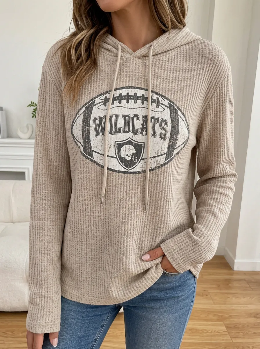 Women's Wildcats Football Fan Distressed Printed Waffle Hoodie