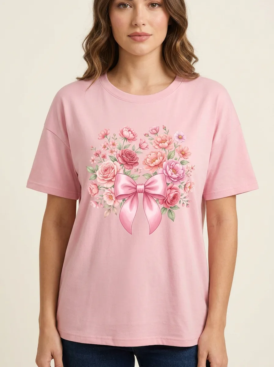 Women's Breast Cancer Awareness Floral Bow Printed T-shirt