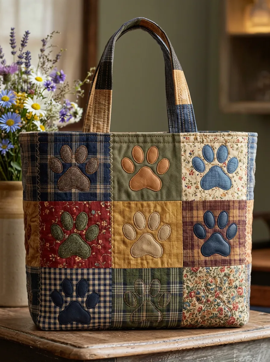 Dog Lover Patchwork Paw Print Printed Tote Bag