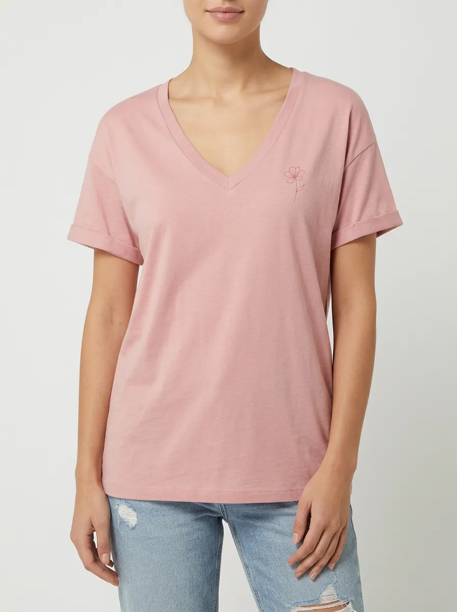 Women's Minimalist Floral Pink V-Neck Printed T-shirt