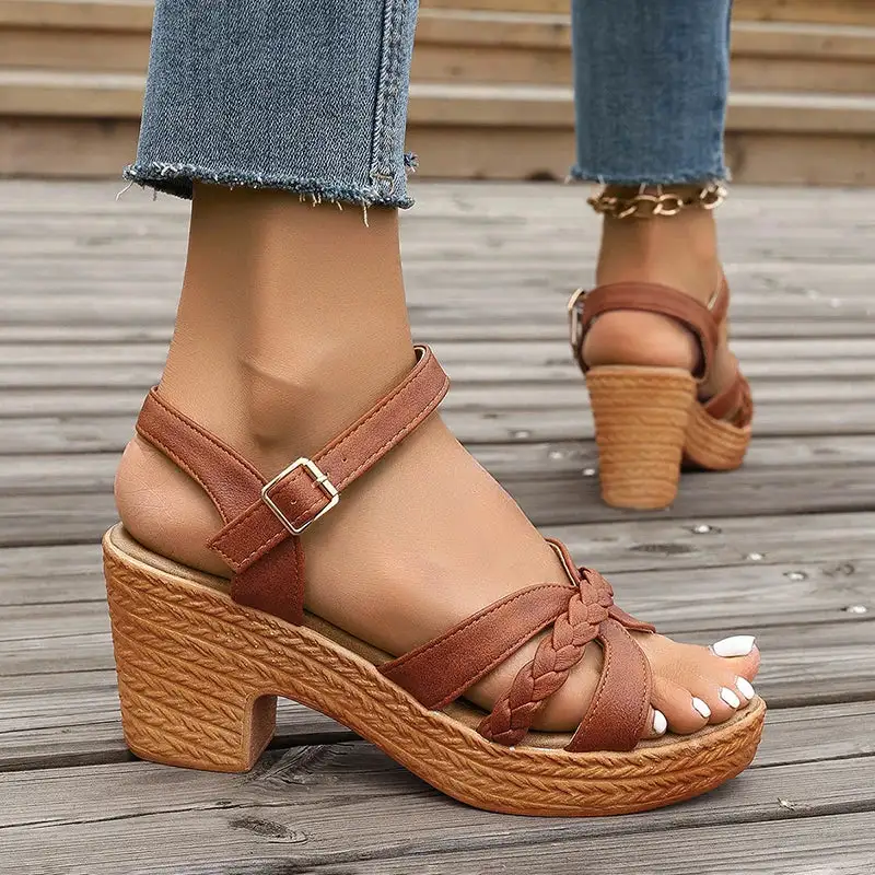 Braided Platform Ankle Strap Heeled Sandals