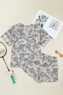 Drawstring Camouflage Two-Piece Tee and Shorts Set