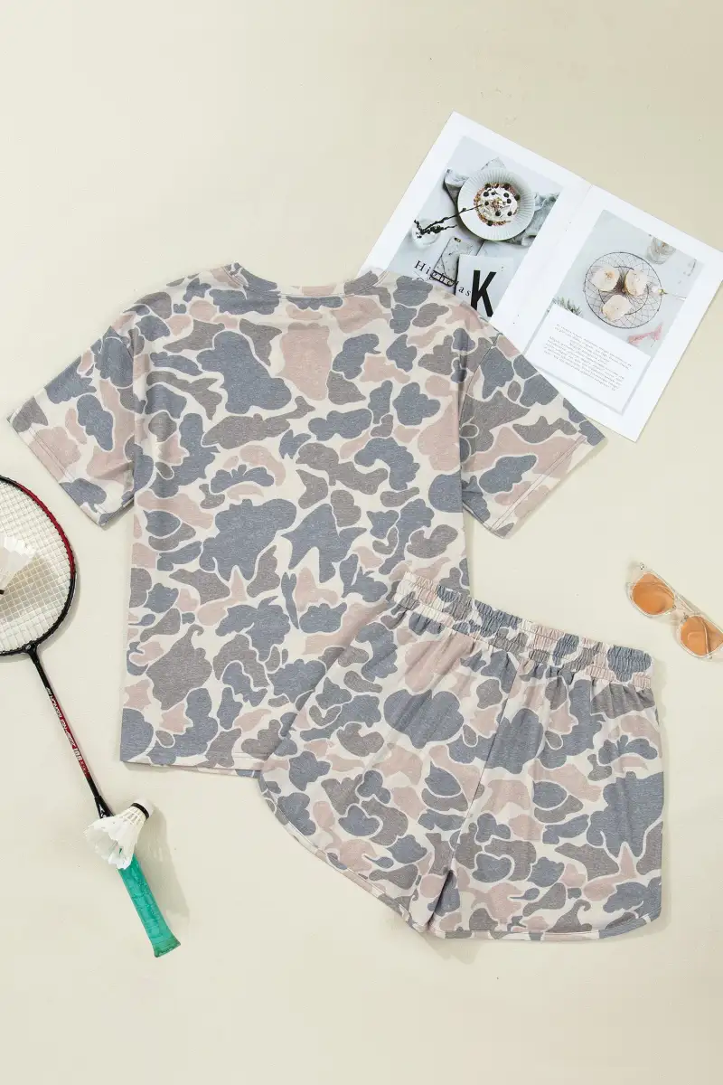 Drawstring Camouflage Two-Piece Tee and Shorts Set