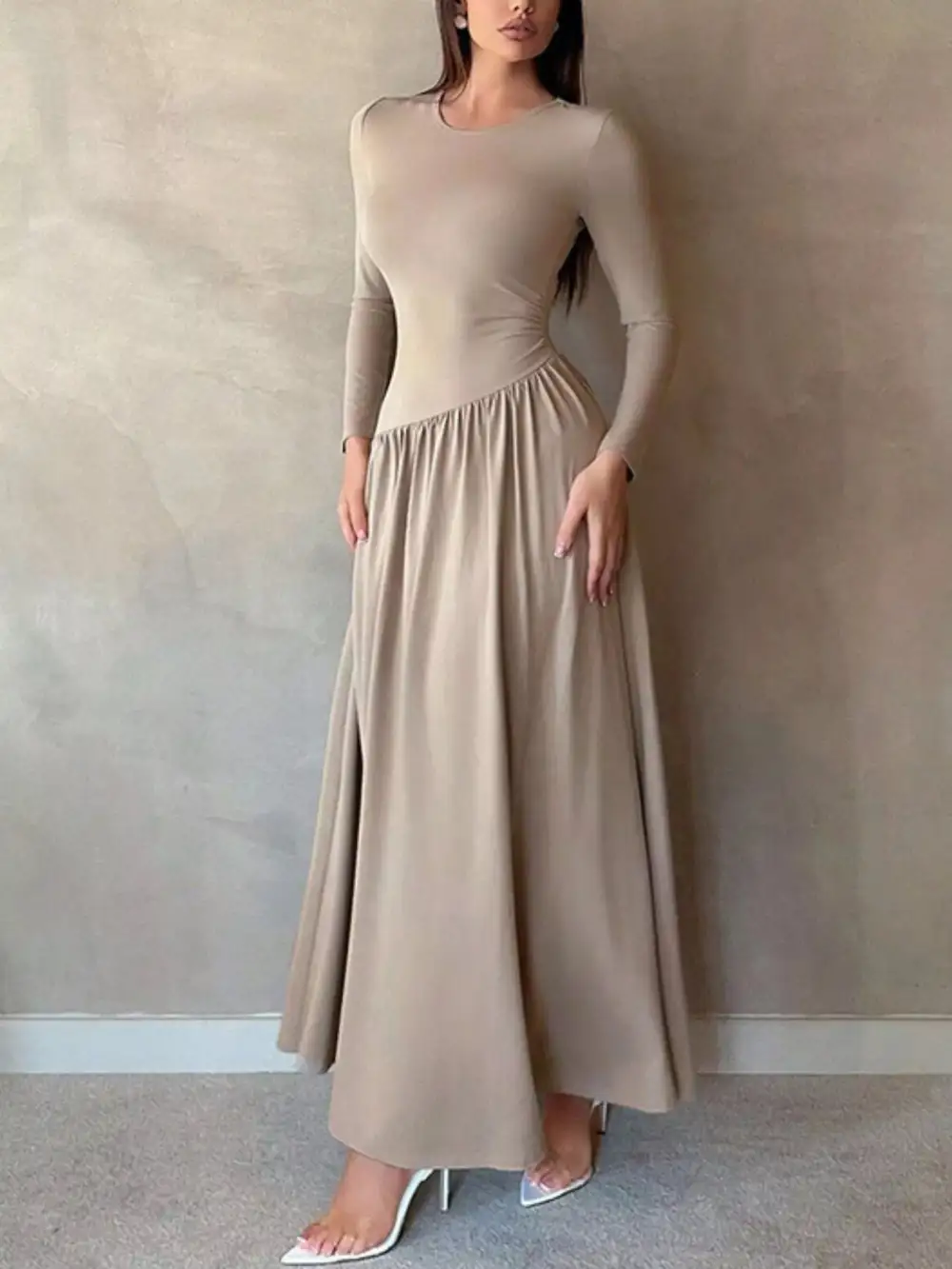 Long Sleeve Ruched A Line Maxi Dress