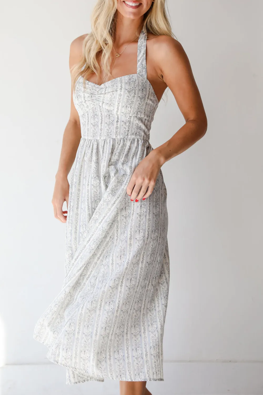 Blue Striped Floral Halter Midi Dress