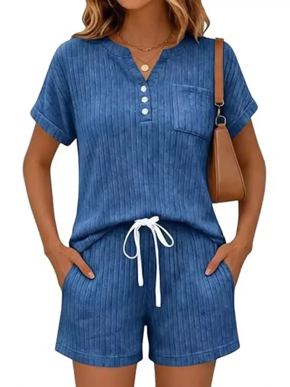 Casual Ribbed Knit Tee Shorts Set