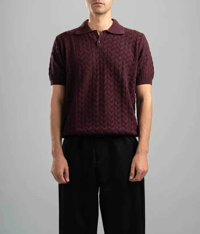Burgundy Textured Knit Polo Shirt