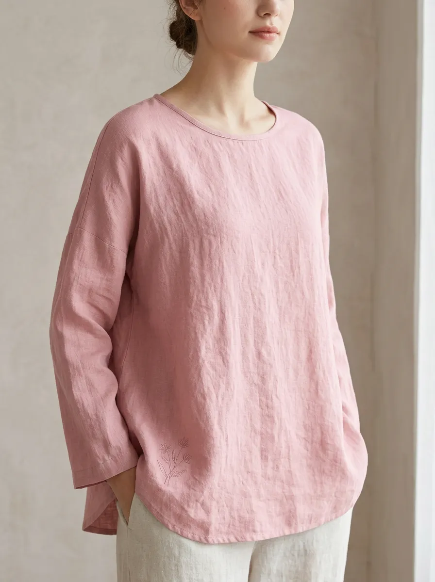 Minimalist Floral Botanical Embroidered Pink Linen Top