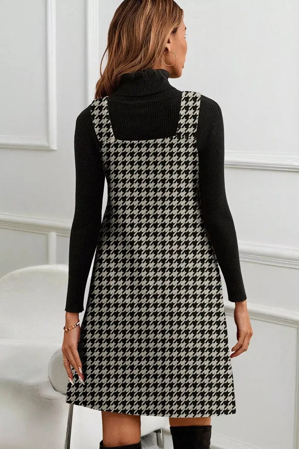 Houndstooth V Neck Sleeveless Mini Dress