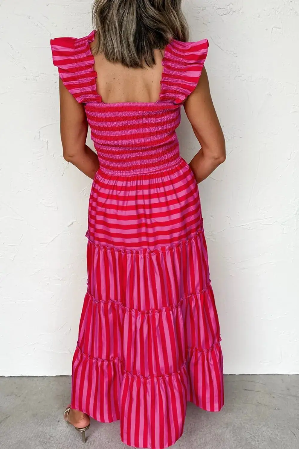 Tiered Flutter-Sleeve Striped Maxi Dress
