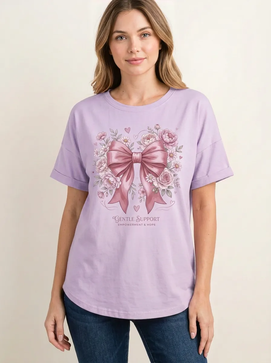 Women's Breast Cancer Awareness Pink Bow Floral Printed T-shirt