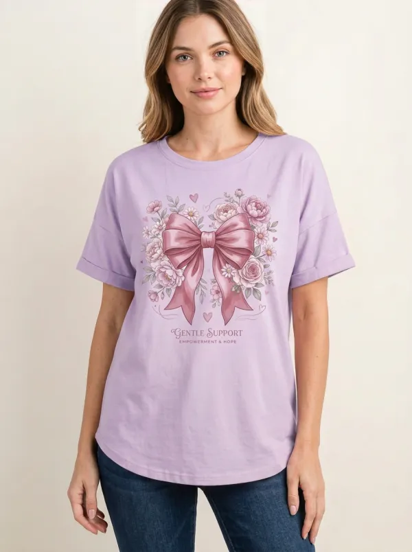 Women's Breast Cancer Awareness Pink Bow Floral Printed T-shirt