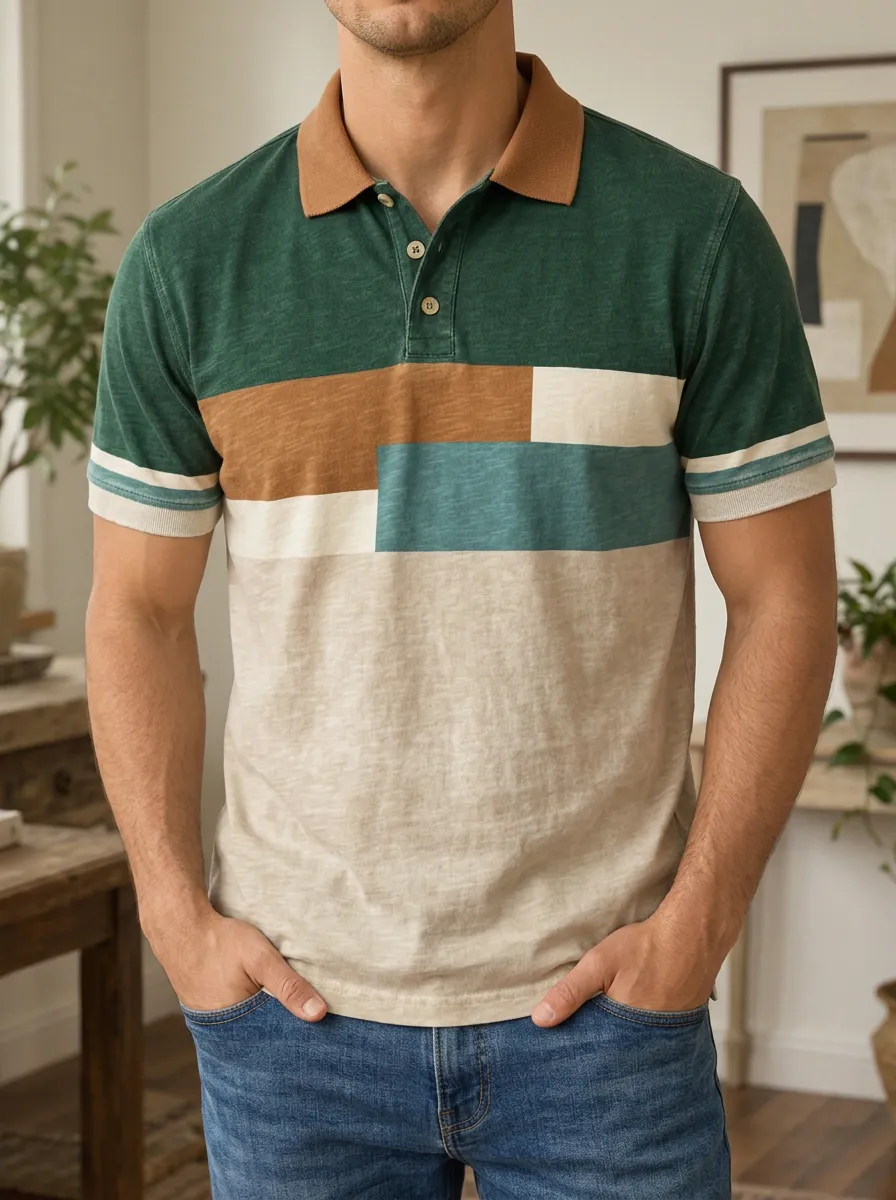 Men's Casual Color Block Geometric Pattern Printed Polo Shirt