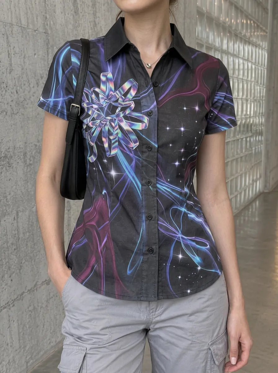Women's Y2K Aesthetic Holographic Ribbon Star Printed Shirt
