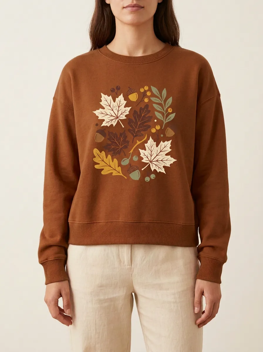 Simple Maple-Leaf Printed Acorn Graphic Sweatshirt