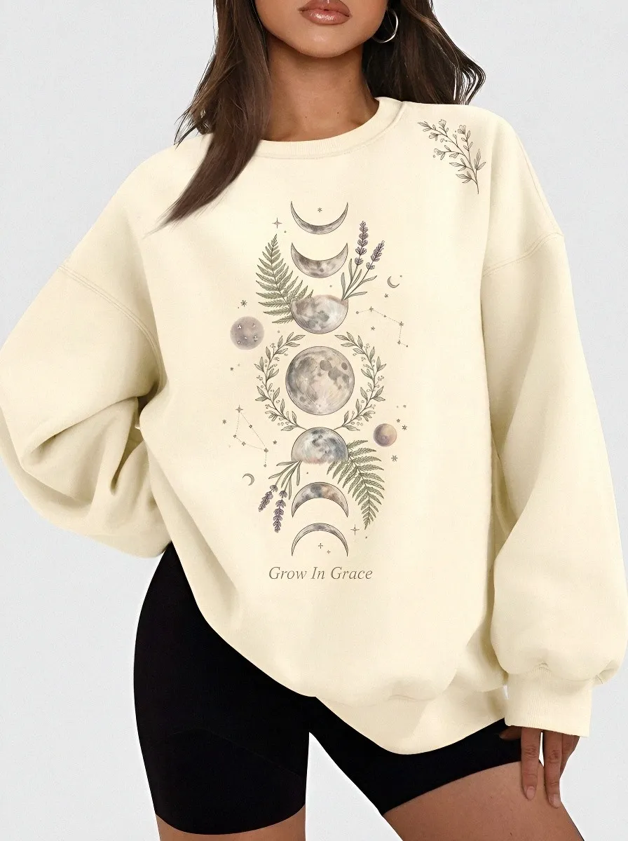 Women's Celestial Moon Phase Botanical Printed Sweatshirt
