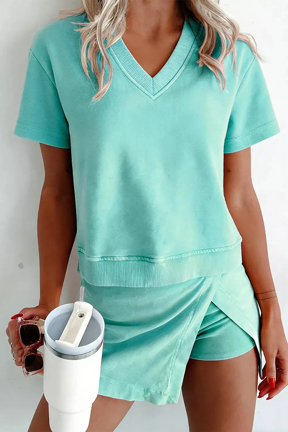 Casual V Neck Top Wrap Skort Set