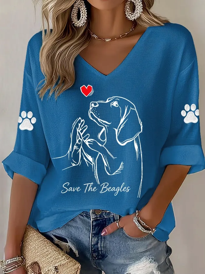 Women's Save The Beagles Print V Neck Top
