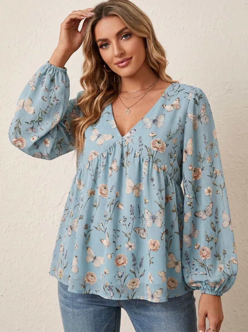 Butterfly Floral Nature Women's Loose Printed Blouse