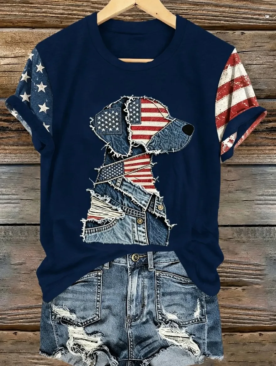 Women's casual American 250th anniversary celebration animal print short sleeved T-shirt