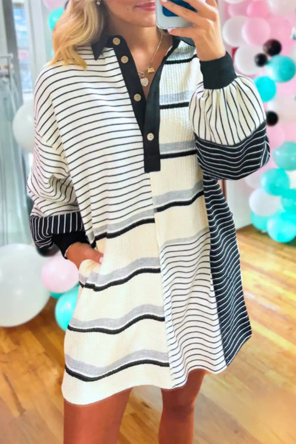 Striped Knit Collared Mini Dress