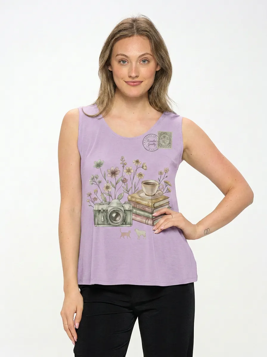 Women's Camera Books Flowers Coffee Printed Tank Top