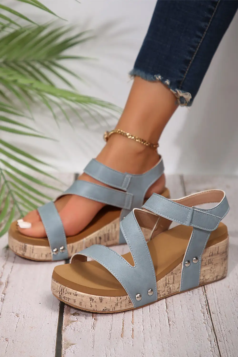 Cutout Hook Loop Wedge Sandals