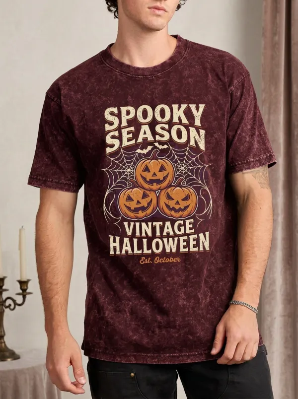 Men's Spooky Season Vintage Halloween Pumpkin Spiderweb Printed T-shirt