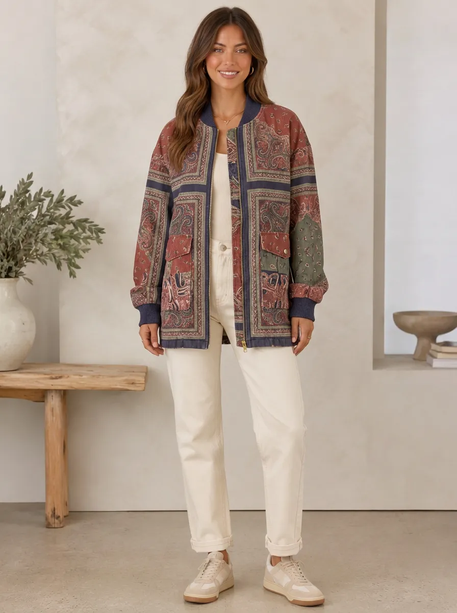 Women's Bohemian Paisley Patchwork Bomber Jacket
