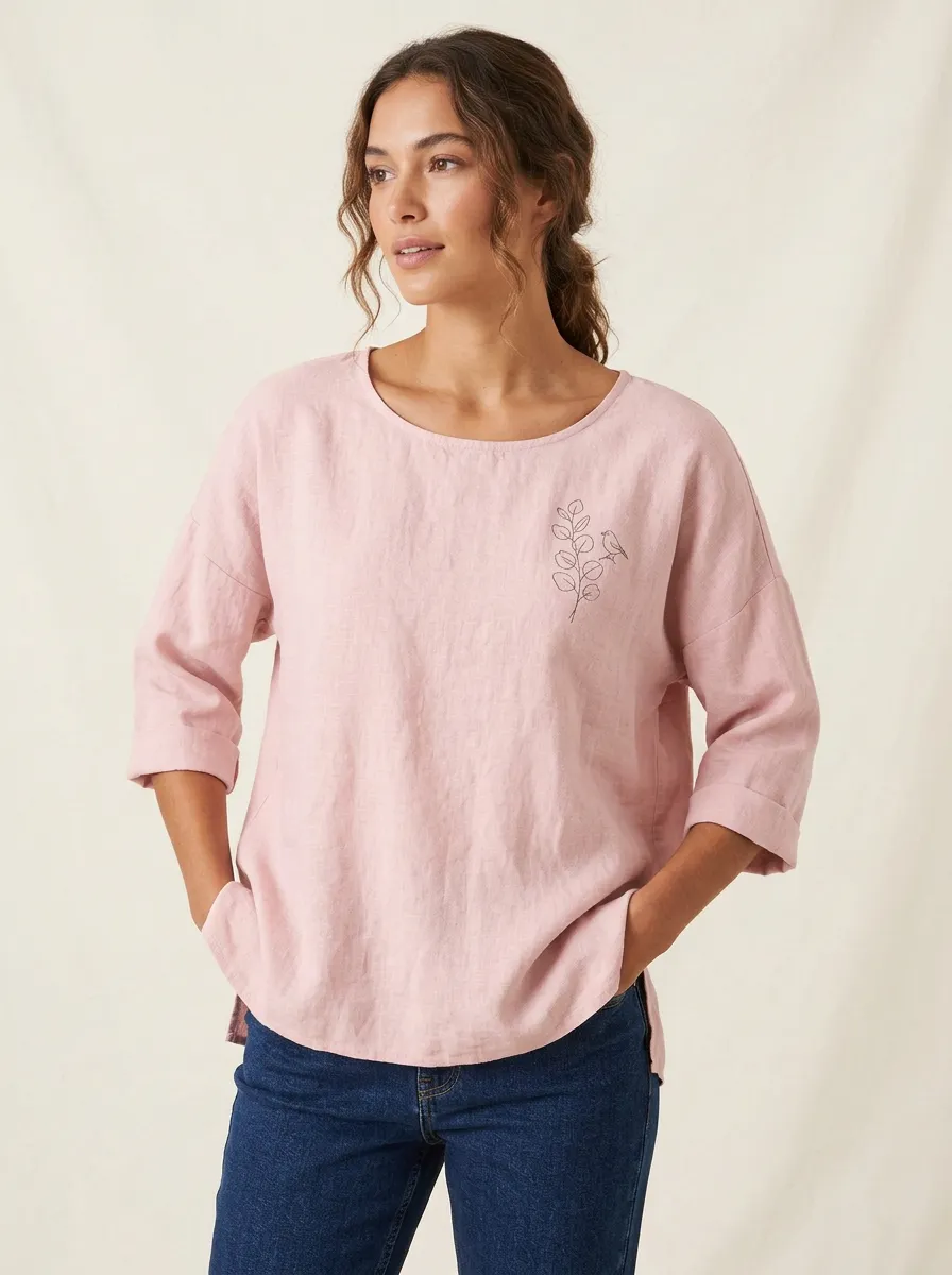 Women's Nature Lover Bird and Leaf Printed Cotton And Linen Top
