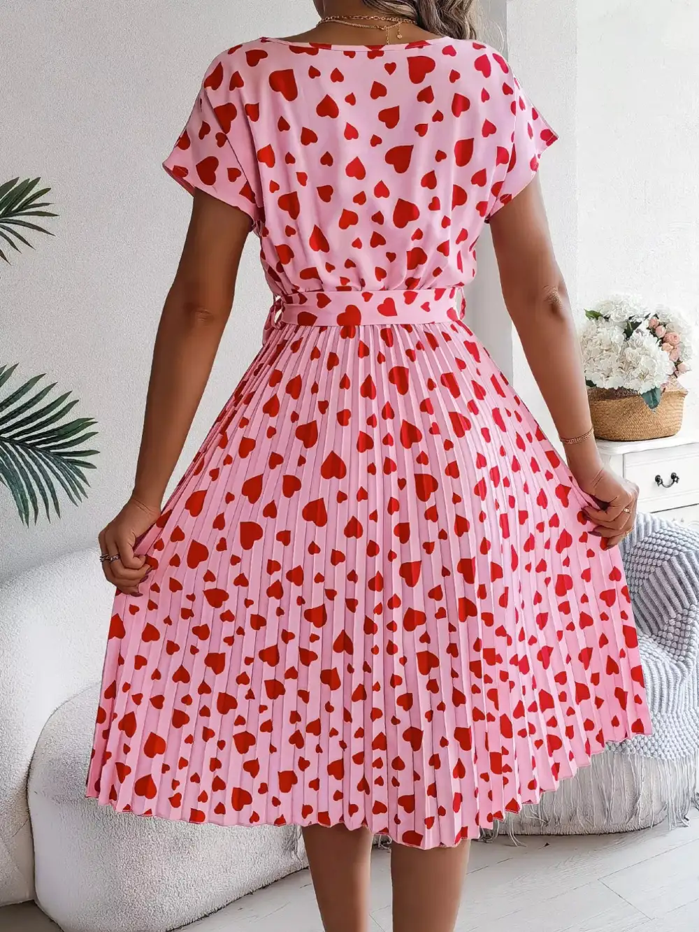 Heart Belted Pleated Midi Dress