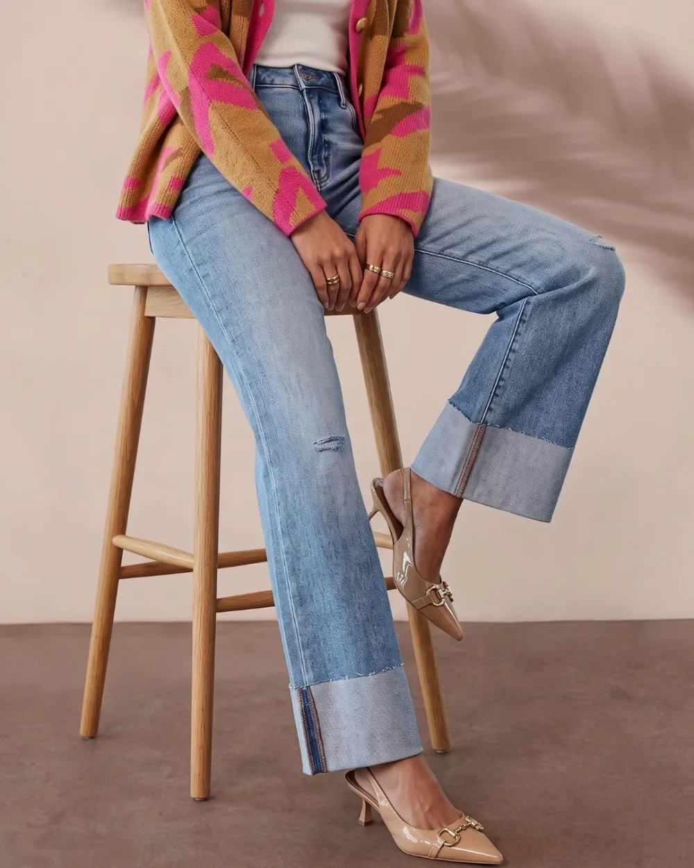 High-Rise Rolled Raw-Hem Straight Jeans